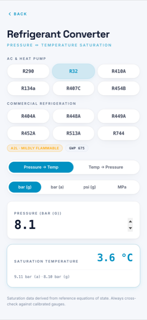LatterHQ refrigerant converter showing R32 pressure to temperature