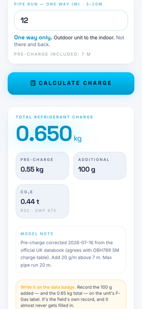 LatterHQ charge calculator result showing additional refrigerant by pipe run