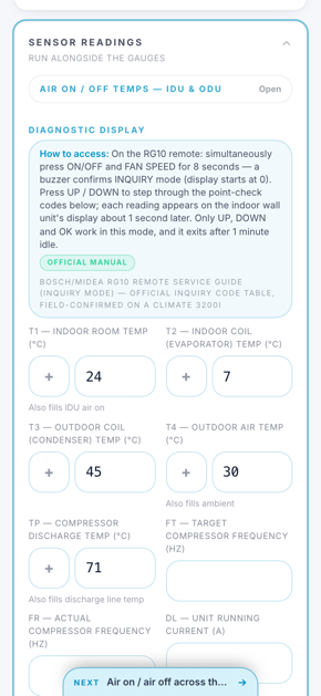 LatterHQ controller service menu access showing live sensor readings